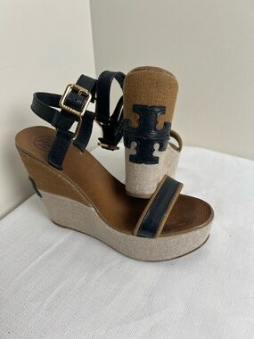 Tory Burch Black Leather and Tan Canvas Wedge Sandals